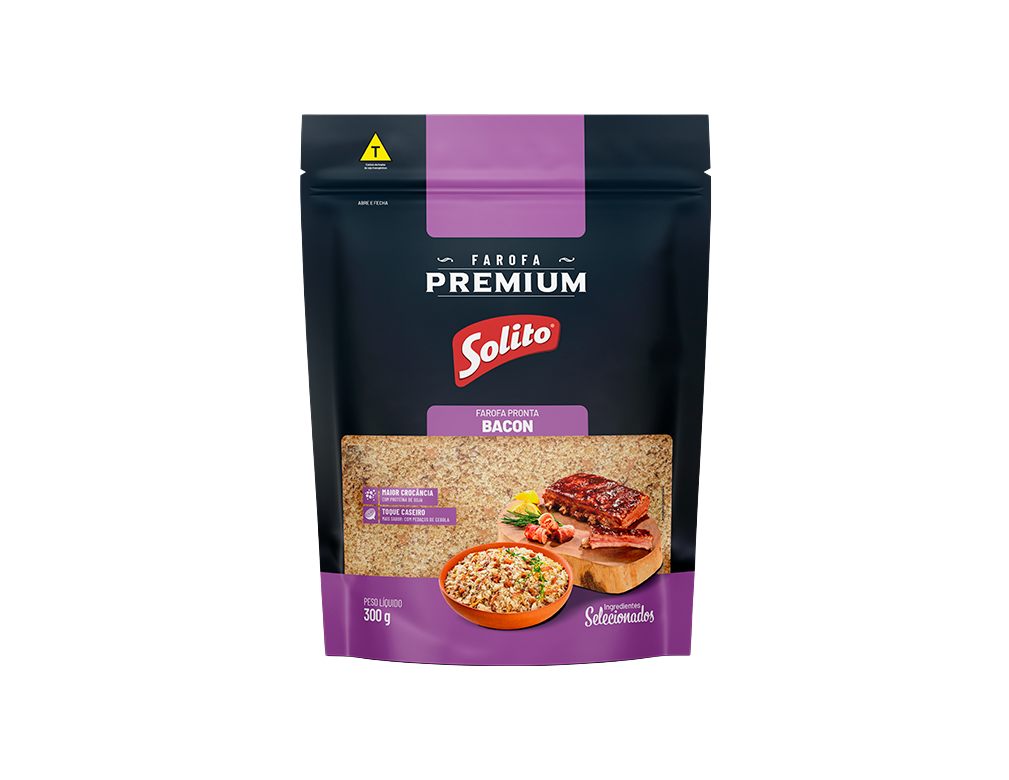 FAROFA DE MANDIOCA TEMPERADA SABOR BACON PREMIUM SOLITO 300 G (CX 14 PCT)